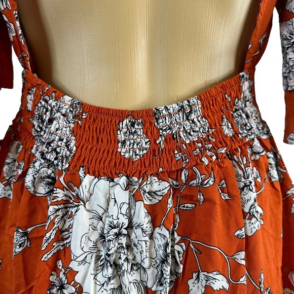 Women Boho Dress Medium M Orange White Floral Hem Ruffled Backless Elastic Waist - Picture 13 of 16